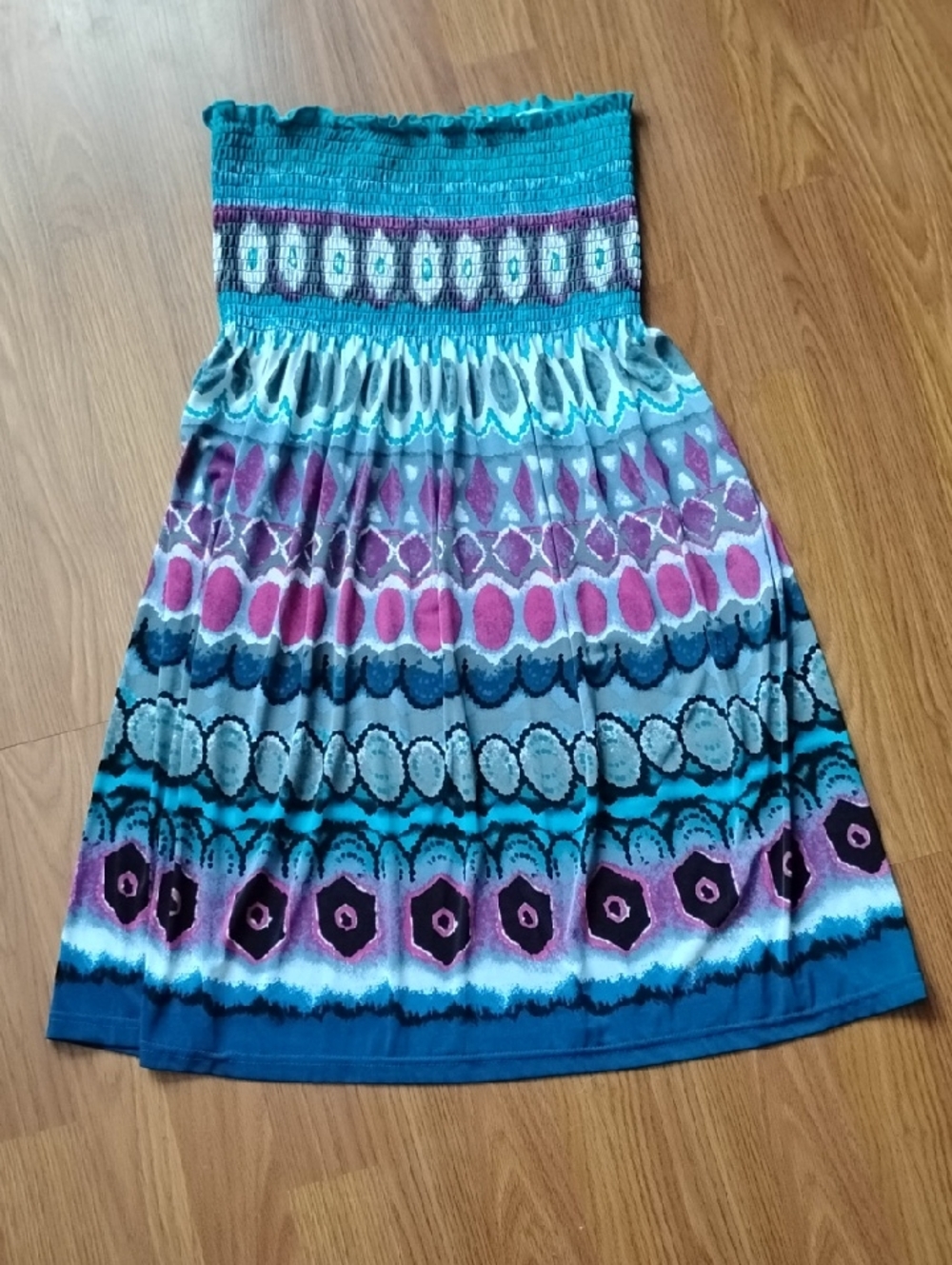 Smocked Waist Teal & Purple Patterned Midi Dress
